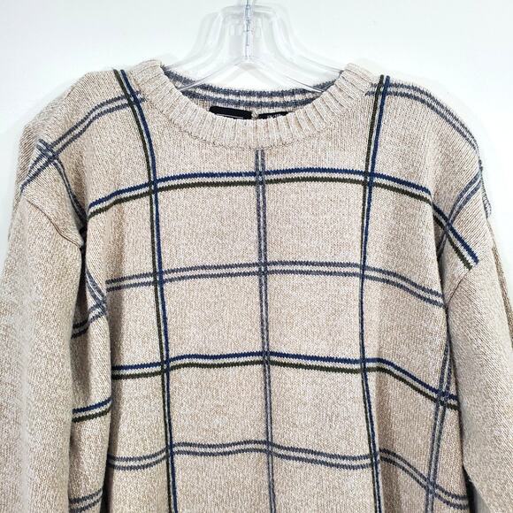 Haggar Men Sweater Striped Long Sleeve Oatmeal Blue and Green Strips XXL Vtg - Picture 2 of 15